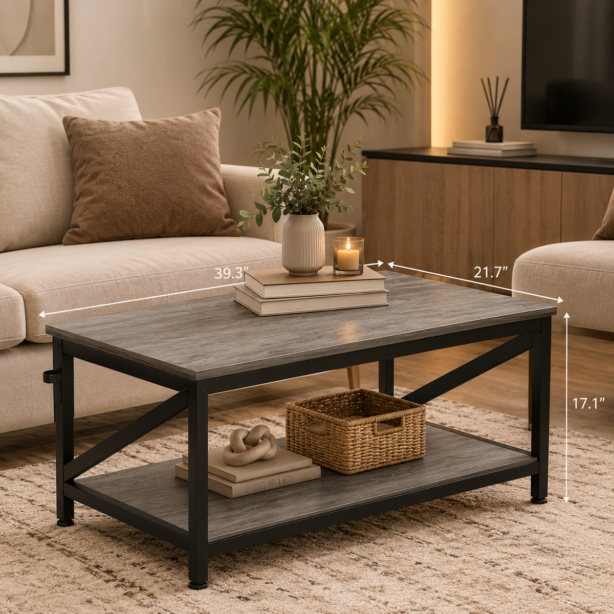 Modern Industrial Coffee Table with Lower Shelf