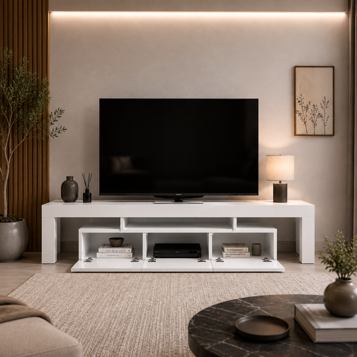 Modern White TV Unit with Open Storage & Drawers