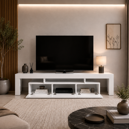 Modern White TV Unit with Open Storage & Drawers