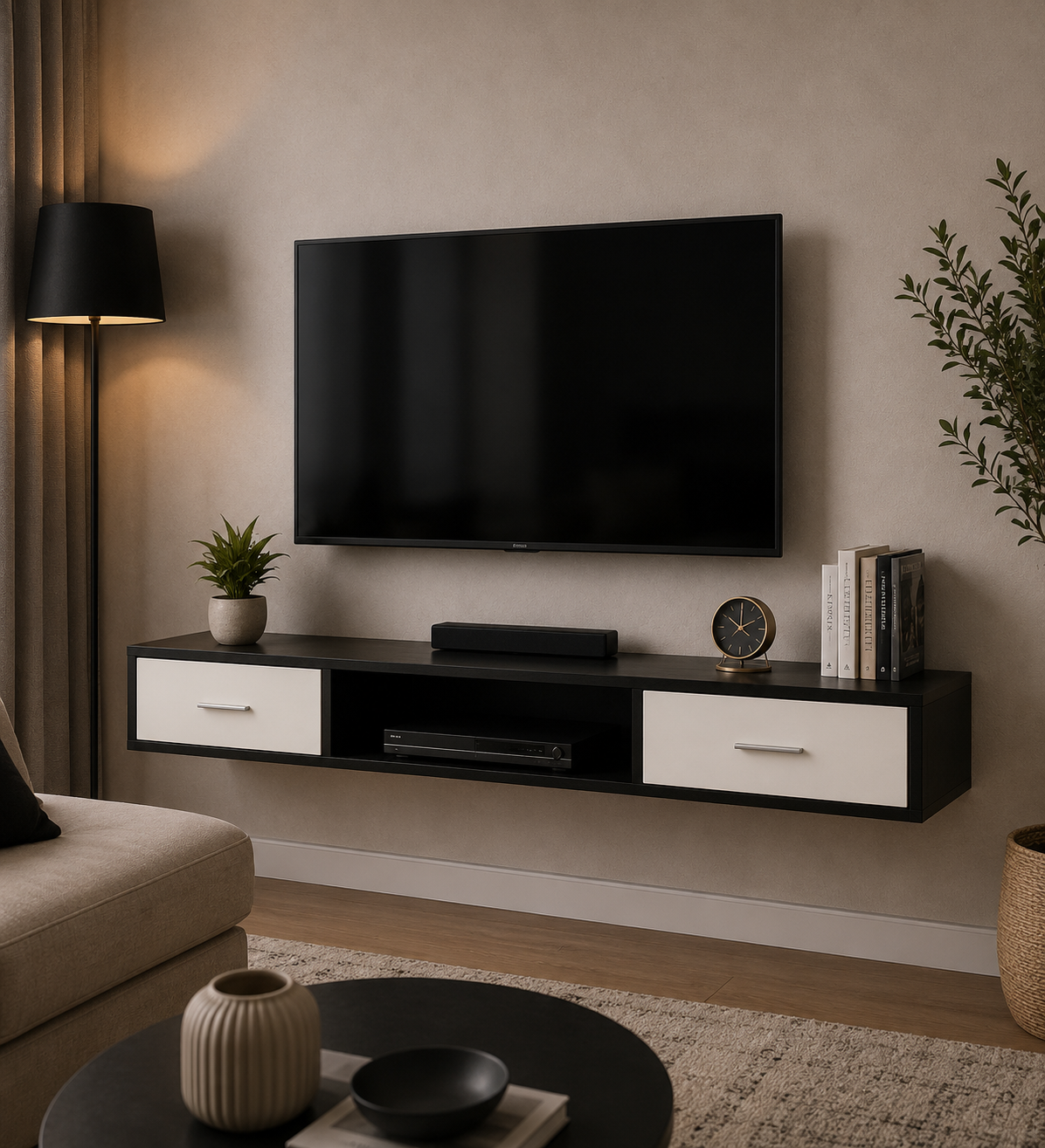Floating shelf, Cabinet with an Open Storage Shelf and 2 Drawer, 25D x 120W x 20H centimeters, Black