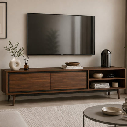 DecorNation Akiwa Solid Wood TV Unit Table - One Compartment with with 2 Drawers and Shelf for Living Room, Bedroom, Office Furniture Stand (63 x 14 x 16 inches, Natural Finish)