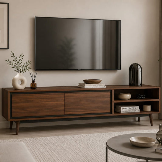 DecorNation Akiwa Solid Wood TV Unit Table - One Compartment with with 2 Drawers and Shelf for Living Room, Bedroom, Office Furniture Stand (63 x 14 x 16 inches, Natural Finish)