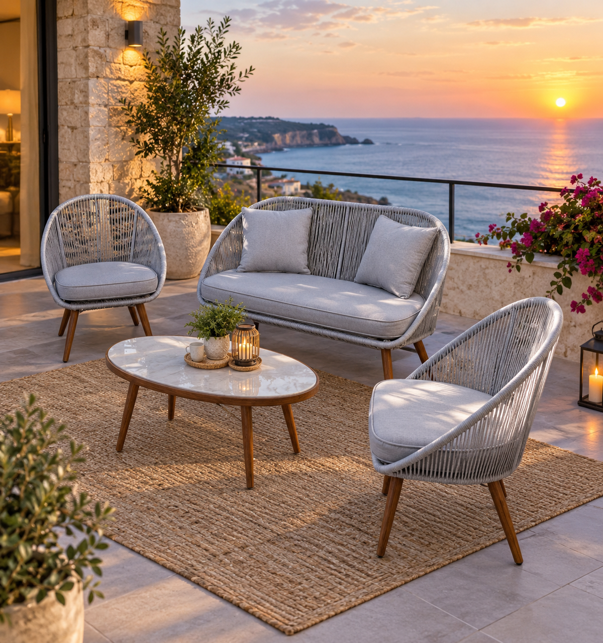 Modern Outdoor Woven Patio Sofa & Armchair Lounge Set