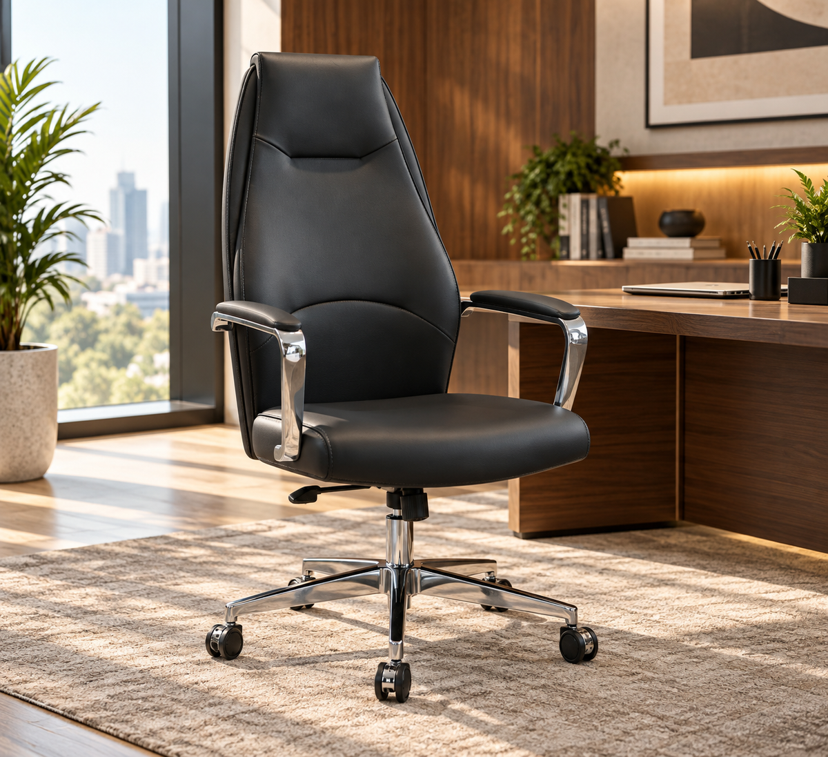 Modern Executive High-Back Office Chair with Padded Seat & Chrome Armrests