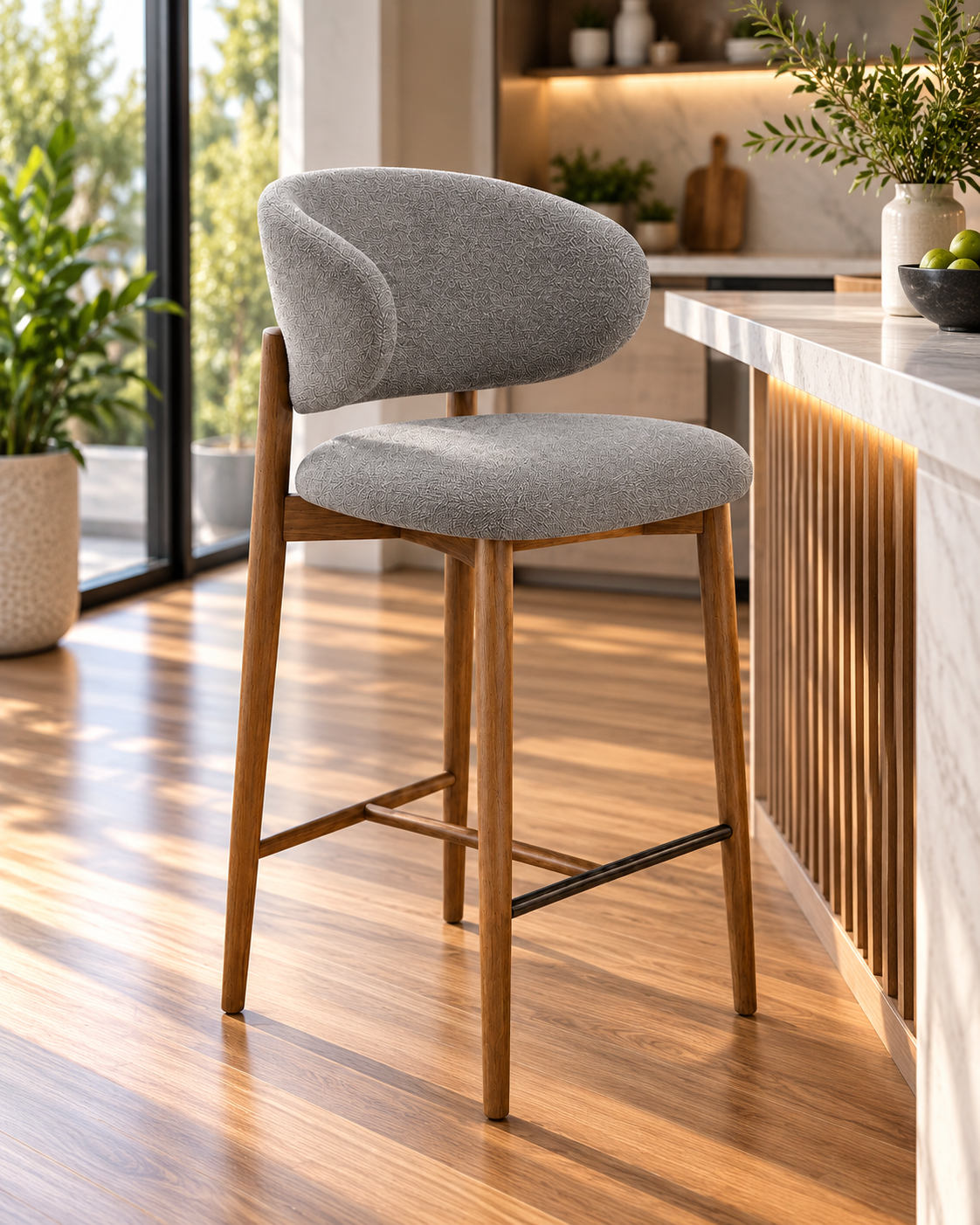 Modern Upholstered Bar Stool with Curved Backrest