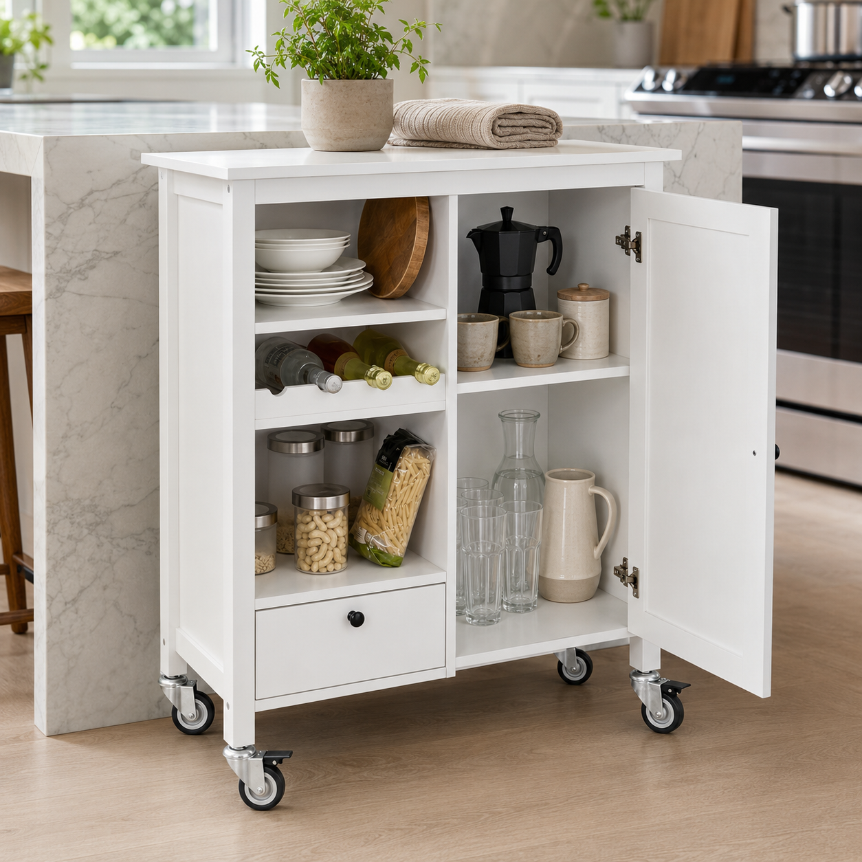 Rolling Storage Kitchen Trolley with Bottle Holder