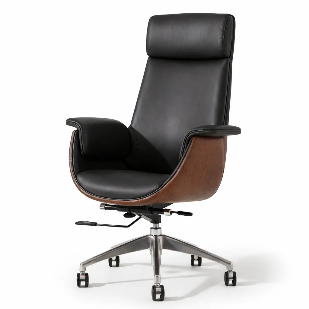 Modern Executive Reclining Office Chair with Padded Headrest & Wooden Accents
