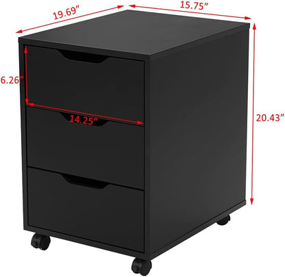 Panana Office Mobile File Cabinet with 3 Drawers, White Wooden Storage Unit with Caster Wheels Under Table Pedestal Side File Document Cabinet (Black)