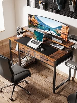 ODK Computer Desk 40" Table: Office Desk with Drawers & Wood Storage Shelves, Home Work Writing Desk & Large Space Monitor Stand, Rustic Brown