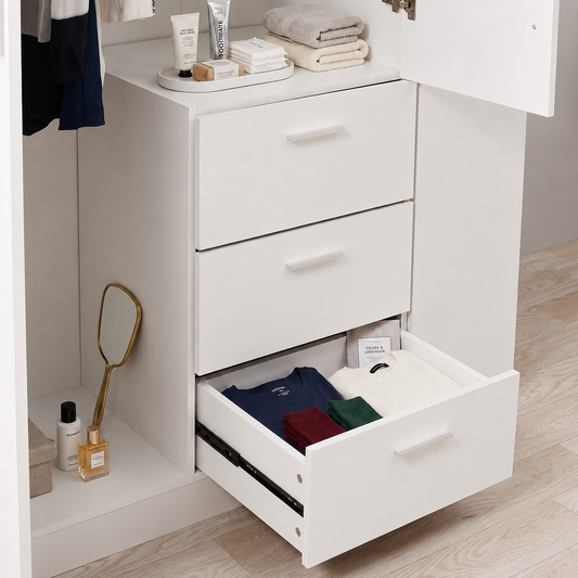 Modern 2-Door Wardrobe Closet with 3 Drawers & Shelves – Freestanding Bedroom Storage Cabinet, White