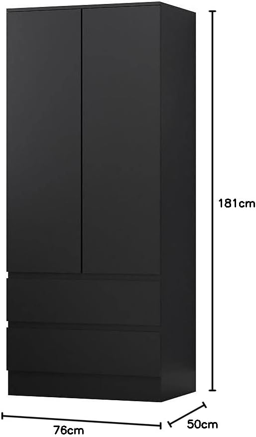 FWStyle Large & Deep 2 Door 2 Drawer Matt Black Scandinavian Style Combination Wardrobe