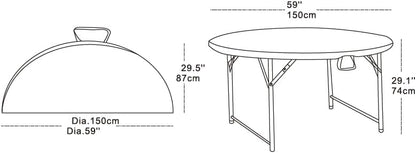 Round Folding Table, 150 cm Diameter, White Top with Grey Steel Frame, Portable