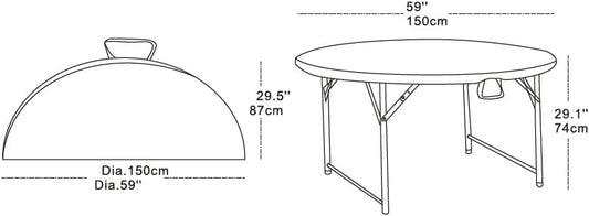 Round Folding Table, 150 cm Diameter, White Top with Grey Steel Frame, Portable