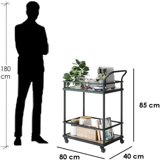 AR CORNER sama steel tea cart flexible to move with dimensions 40cm * 80cm * height 85cm made of steel with black electrostatic coating and have shelves from transparent glass 8mm and light brown wood
