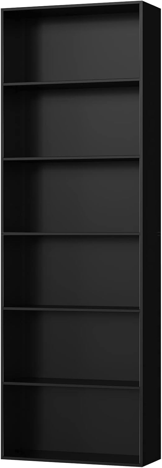 FirFurd Bookcase 6 Tiers Bookshelf Black Tall Display Shelf Freestanding Wooden Storage Unit for Living Room Bedroom Office 60x23.5x180cm