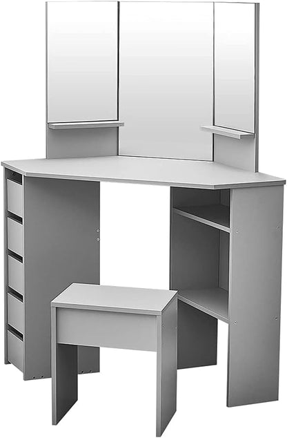 Panana MDF Dressing Table Corner Makeup Table with 3 Mirrors, 5 Drawers, 1 Compatible and Stool for Bedroom, 109cm (L) x 55cm (W) x 140cm (H) (Grey)