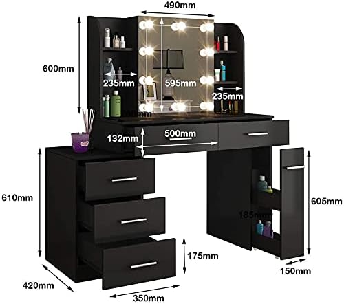 Dressing Table Set Makeup Table Set with LED Lights, Mirror, 5 Drawers Vanity Makeup Table Set with Cushioned Stool Vanity Table for Girls Bedroom (Black)
