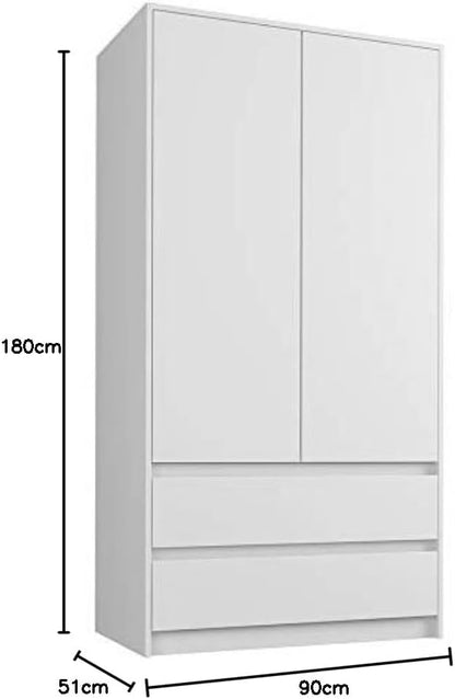 FRAMIRE B-9TIP Wardrobe in White, 2 Door Wardrobe, 2 Drawers, Wardrobe for Bedroom, Living Room, Hallway, 180 x 90 x 51 cm