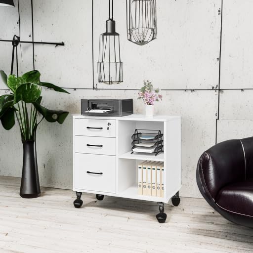 Panana 3 Drawer Office File Cabinets, Mobile Lateral Printer Stand with Open Storage Shelf, Rolling Filing Cabinet with Wheels Home Office Organization and Storage (White)