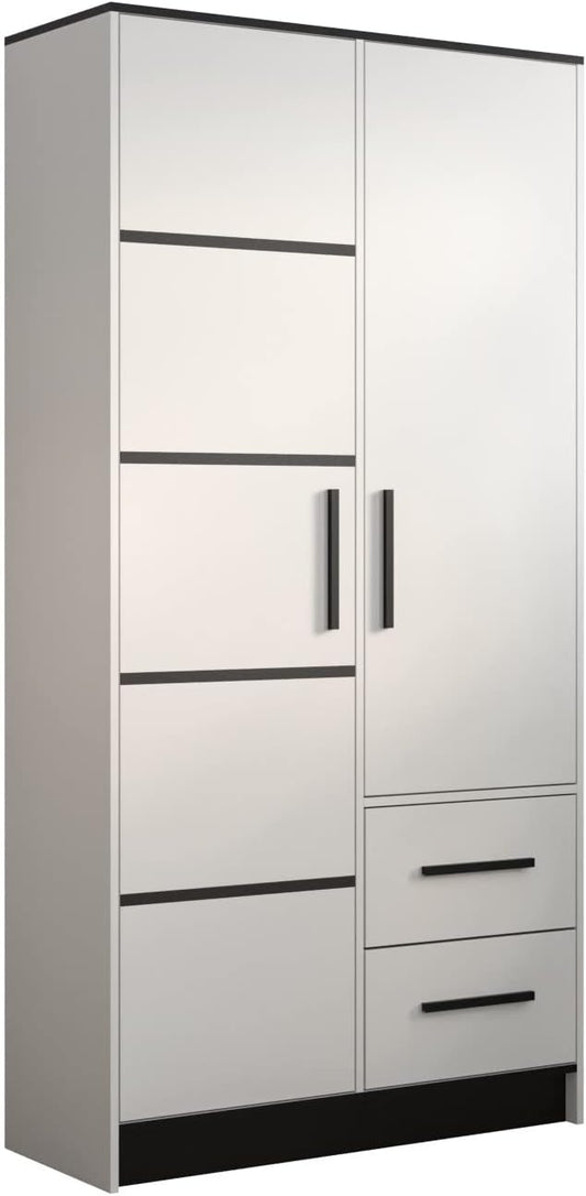 MEBLE KRYSPOL Malta 103 Hinged Door Wardrobe with 2 Doors, 2 Drawers, Modern Design (M1 Matte White + Black)