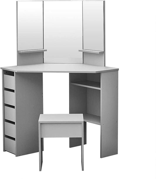 Panana MDF Dressing Table Corner Makeup Table with 3 Mirrors, 5 Drawers, 1 Compatible and Stool for Bedroom, 109cm (L) x 55cm (W) x 140cm (H) (Grey)