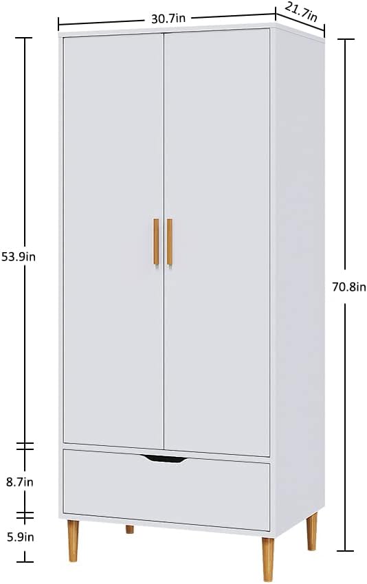 Panana Modern 2 Door Wardrobe Clothes Closet with Wood Leg Wooden Clothes Cabinet Furniture Unit with Hanging Rail Storage Drawer Bedroom White