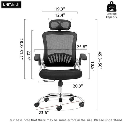 Al Amal Mesh Office Chair High Back Folding Armrest Adjustable Headrest Lumbar Support (Black) - Silver Hand Rest