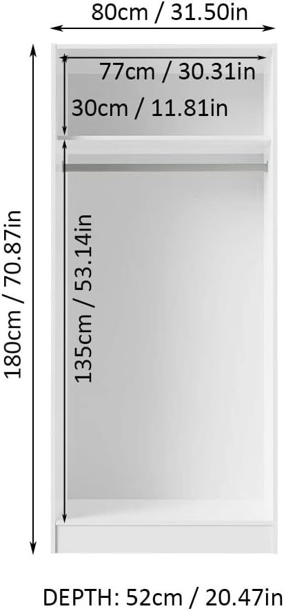Madesa 2 Door Wardrobe Storage Cabinet, 71” H x 20” D x 31” L - White