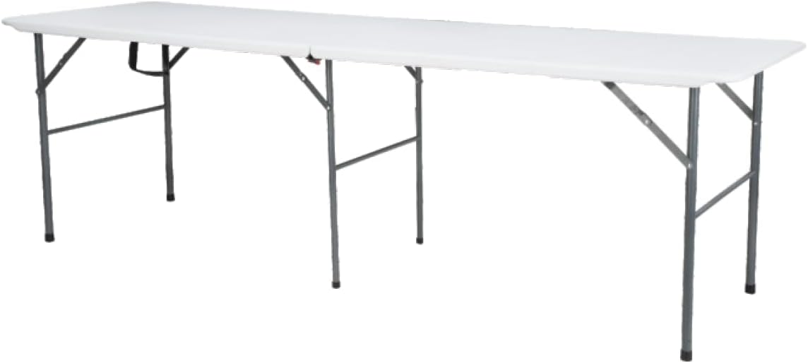 Folding Banquet Table, 244 cm Length, White Top with Grey Metal Frame, Portable