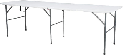 Folding Banquet Table, 244 cm Length, White Top with Grey Metal Frame, Portable