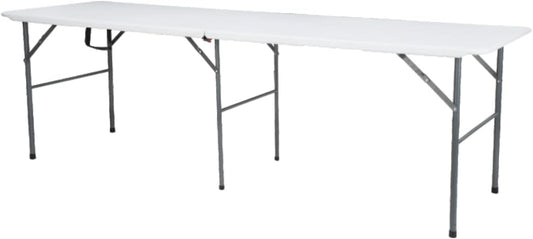 Folding Banquet Table, 244 cm Length, White Top with Grey Metal Frame, Portable
