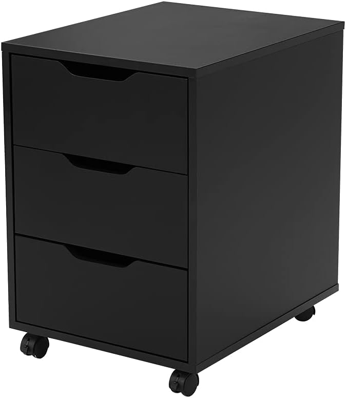 Panana Office Mobile File Cabinet with 3 Drawers, White Wooden Storage Unit with Caster Wheels Under Table Pedestal Side File Document Cabinet (Black)