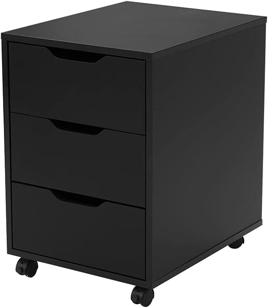 Panana Office Mobile File Cabinet with 3 Drawers, White Wooden Storage Unit with Caster Wheels Under Table Pedestal Side File Document Cabinet (Black)