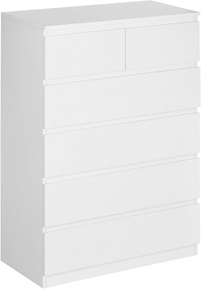 FurniFlex 6 Drawers Modern Wooden Dresser for Entryway, 80 cm x 39 cm x 115 cm Size, White