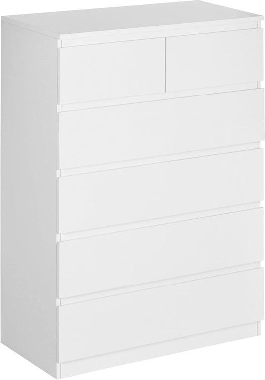 FurniFlex 6 Drawers Modern Wooden Dresser for Entryway, 80 cm x 39 cm x 115 cm Size, White