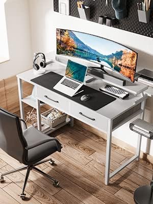 ODK Computer Desk 40" Table: Office Desk with Drawers & Wood Storage Shelves, Home Work Writing Desk & Large Space Monitor Stand, White