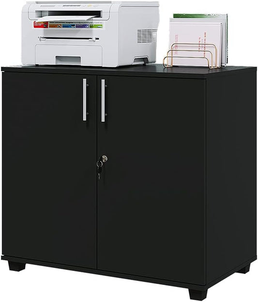 Panana 2 Door Wood File Cabinet With Lock, Office Storage Cupboard Lateral Filing Cabinet Organizer For Home Office (Black)