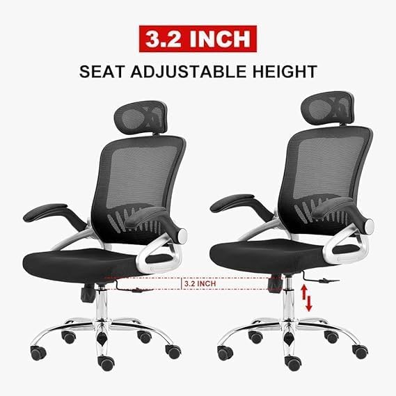 Al Amal Mesh Office Chair High Back Folding Armrest Adjustable Headrest Lumbar Support (Black) - Silver Hand Rest