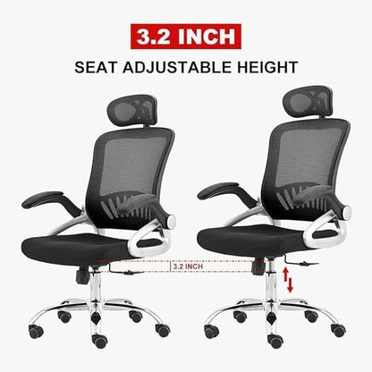 Al Amal Mesh Office Chair High Back Folding Armrest Adjustable Headrest Lumbar Support (Black) - Silver Hand Rest