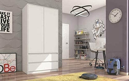 FRAMIRE B-9TIP Wardrobe in White, 2 Door Wardrobe, 2 Drawers, Wardrobe for Bedroom, Living Room, Hallway, 180 x 90 x 51 cm