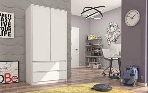 FRAMIRE B-9TIP Wardrobe in White, 2 Door Wardrobe, 2 Drawers, Wardrobe for Bedroom, Living Room, Hallway, 180 x 90 x 51 cm