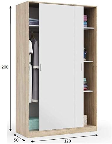Dmora Wardrobe with Two Sliding Doors and Three Shelves, Oak and Glossy White, cm 120 x 50 x h200, Length 120 cm