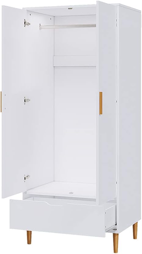 Panana Modern 2 Door Wardrobe Clothes Closet with Wood Leg Wooden Clothes Cabinet Furniture Unit with Hanging Rail Storage Drawer Bedroom White