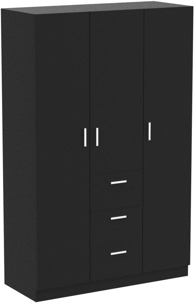 Panana Modern 3 Doors 3 Drawers Wardrobes with Hanging Rail Large Triple Clothes Storage Cupboard Unit for Home Bedroom, Black