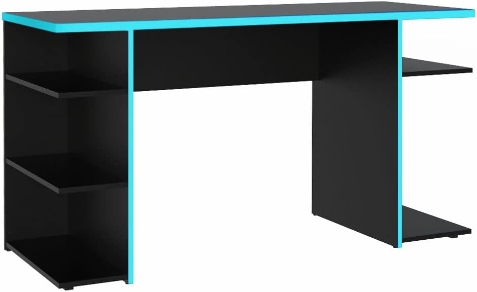 Madesa Gaming Computer Table and Office Desk with 5 Shelves and Cable Management, Wood, 136x75x60 Cm – Black/Blue