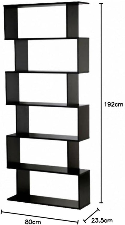 Panana Wooden Bookcase 6 Tier Shelves Bookshelf S Shape Storage Display Shelf Room Divider Unit Chest Cupboard Cabinet Free Standing Shelving Storage Organizer Unit for Living Room, Black