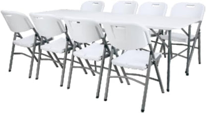 Folding Banquet Table, 244 cm Length, White Top with Grey Metal Frame, Portable