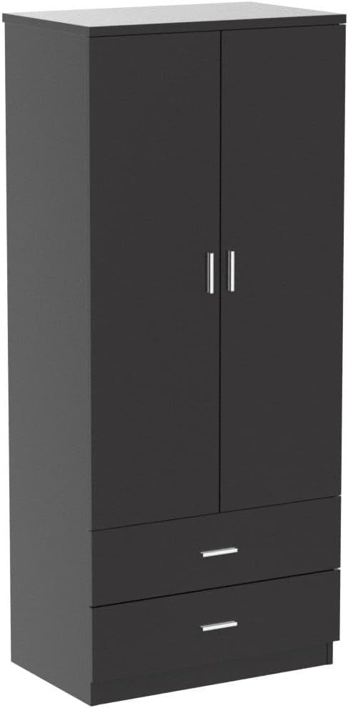 Panana 2 Door 2 Drawer Wardrobe with Hanging Rail Wooden Clothes Storage Cupboards Unit for Bedroom Furniture 76.8 * 50 * 180cm (Black)
