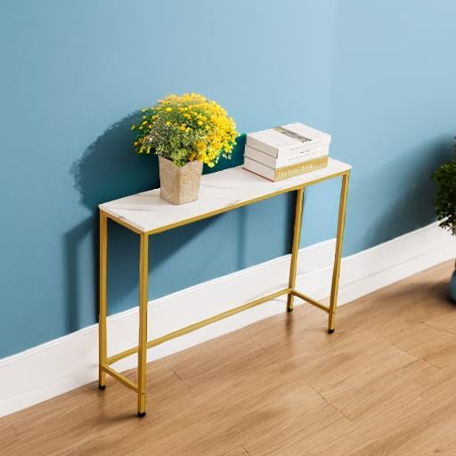 loglus Console Table for Entryway, Faux Marble MDF Sofa Table with Golden Frame (Double Layer,Single Layer, White Marble)