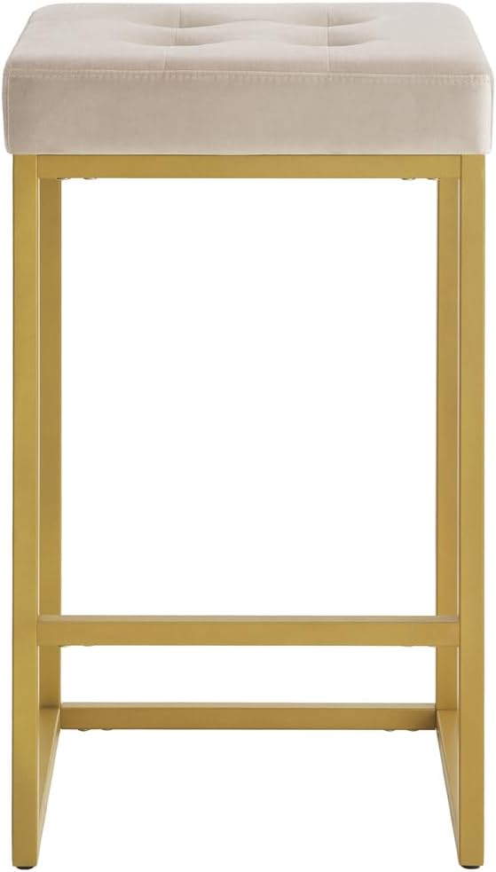 24KF Contemporary Counter Height Bar Stool Set of 2 for Kitchen Island, 26" H Velvet Padded Gold Barstool Bar Chair 5066-Taupe
